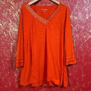 SOFT SURROUNDINGS Burnt Orange Tangerine Embroidered Beads Shirt Top Tunic M